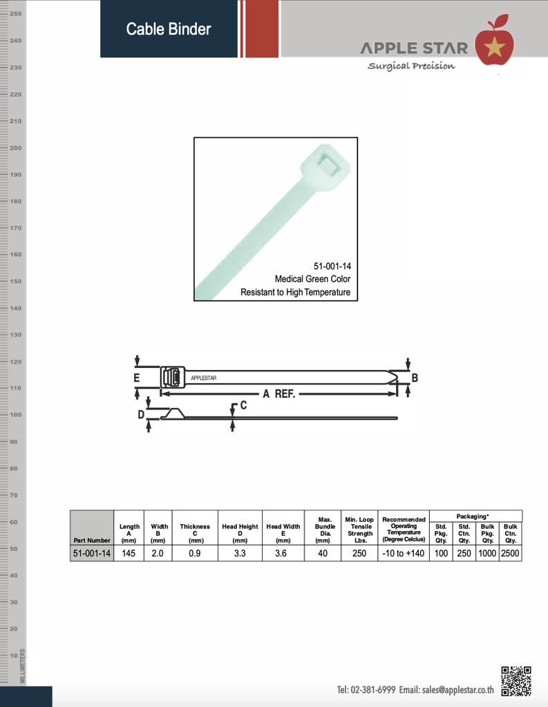 Cable binder made of synthetic material heat resistance upto 134 degree celsius dia. 2mm length 145mm contain 250 pcs/pack 