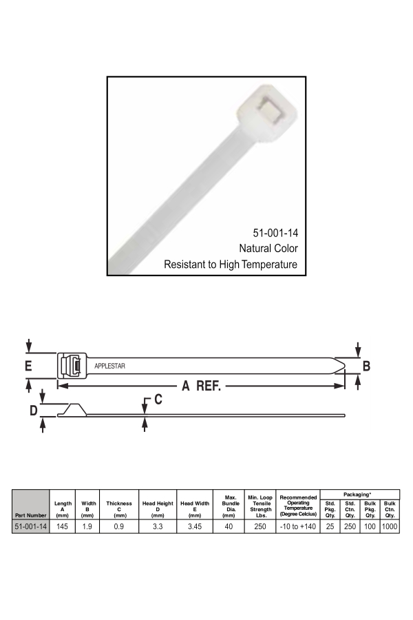 Cable binder heat resistance 134 degree celsius 145mm